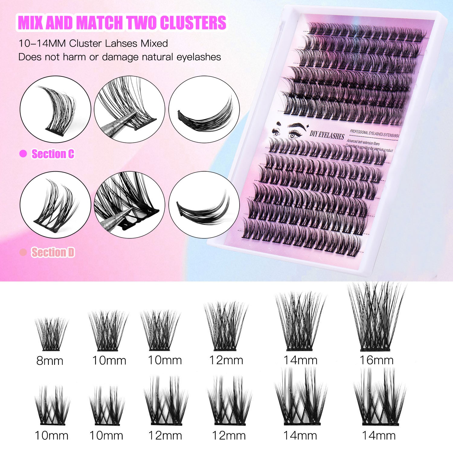DIY Cluster Lash Extensions Kit – 72H Waterproof Hold, Salon Quality At-Home Lashes with Bond & Seal, Reusable Individual Lash Clusters 8–16mm, Gentle & Easy to Apply