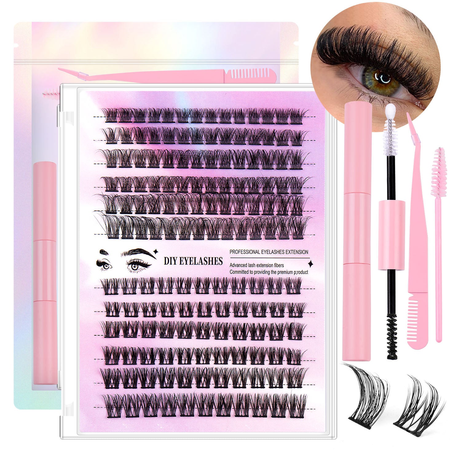 DIY Cluster Lash Extensions Kit – 72H Waterproof Hold, Salon Quality At-Home Lashes with Bond & Seal, Reusable Individual Lash Clusters 8–16mm, Gentle & Easy to Apply
