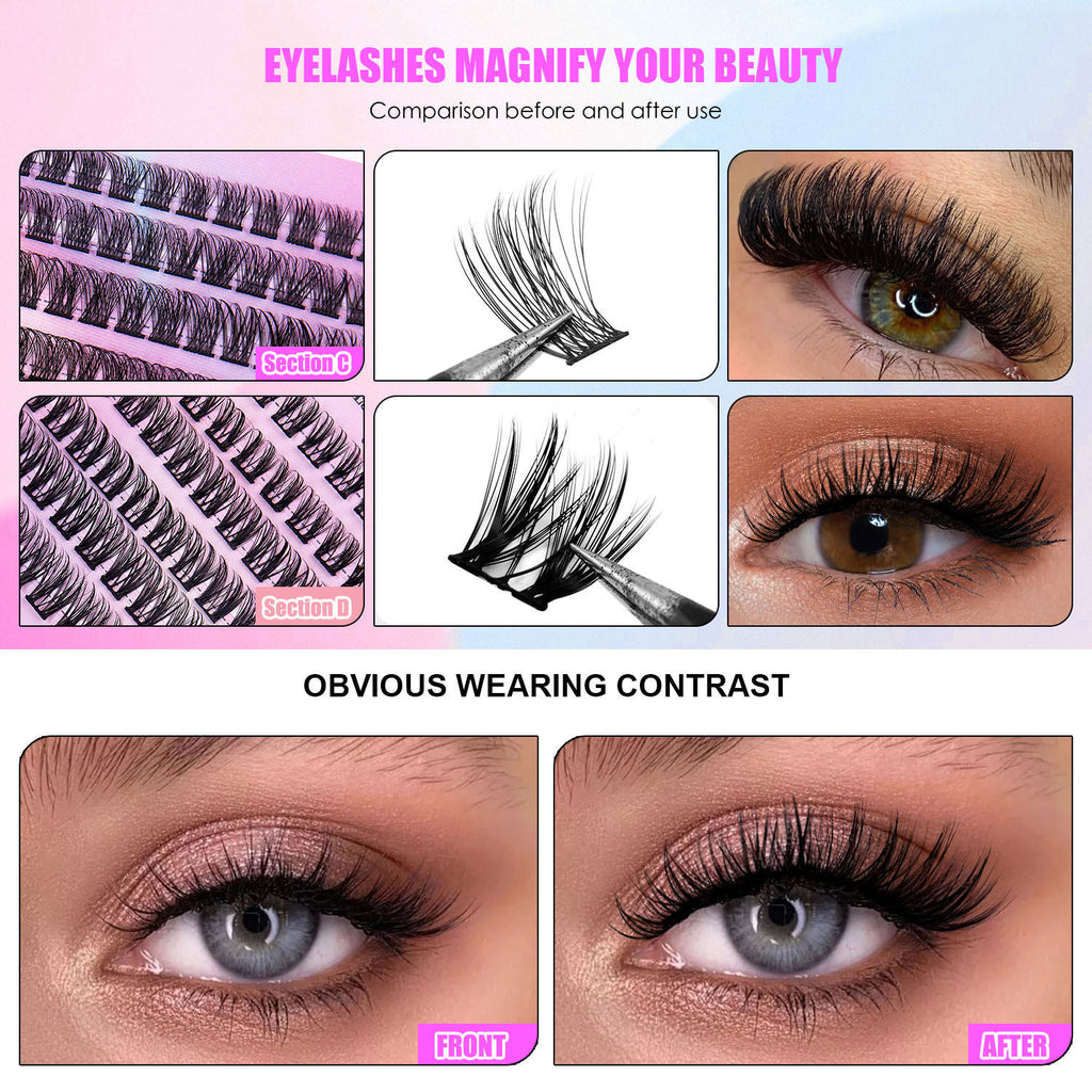 DIY Cluster Lash Extensions Kit – 72H Waterproof Hold, Salon Quality At-Home Lashes with Bond & Seal, Reusable Individual Lash Clusters 8–16mm, Gentle & Easy to Apply