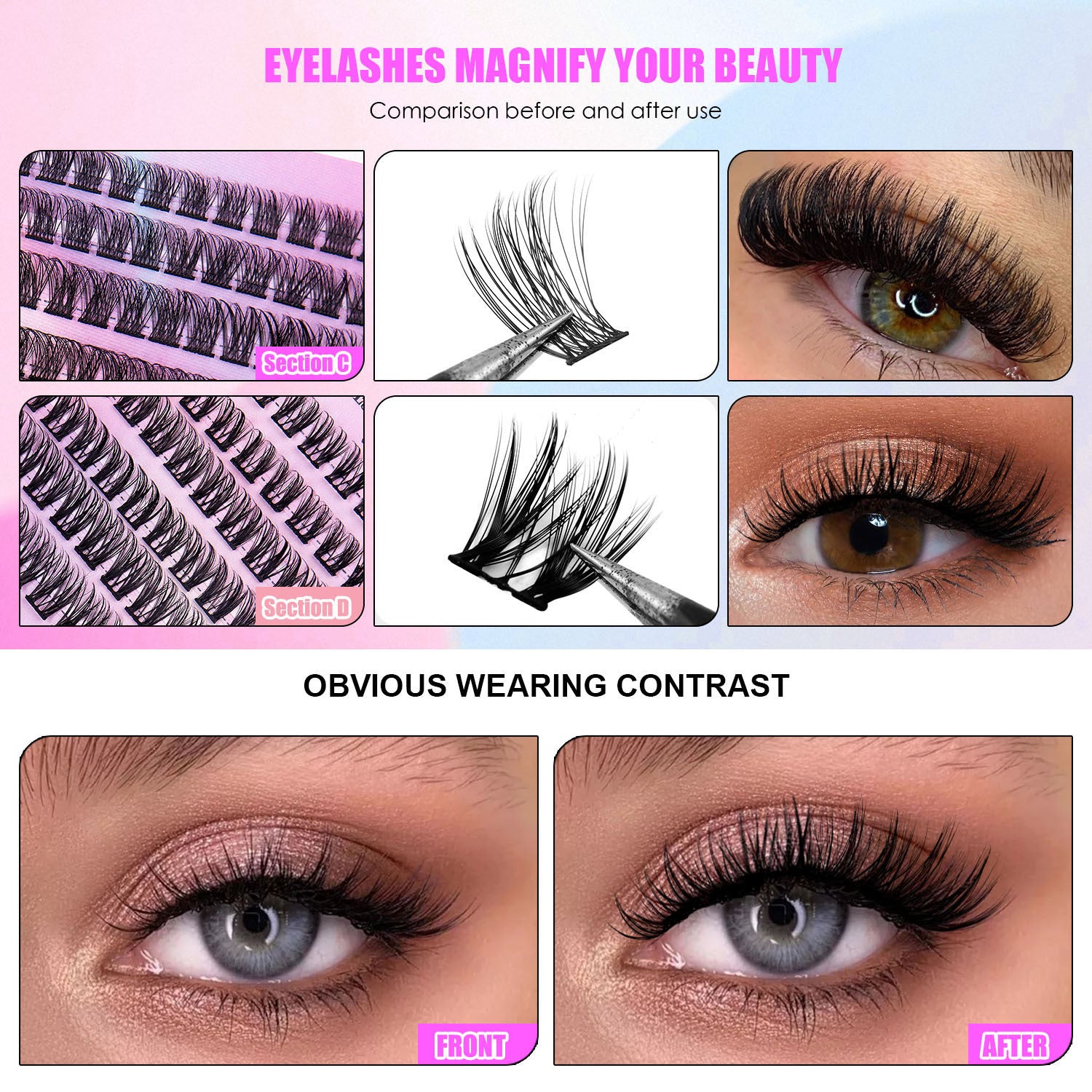 DIY Cluster Lash Extensions Kit – 72H Waterproof Hold, Salon Quality At-Home Lashes with Bond & Seal, Reusable Individual Lash Clusters 8–16mm, Gentle & Easy to Apply